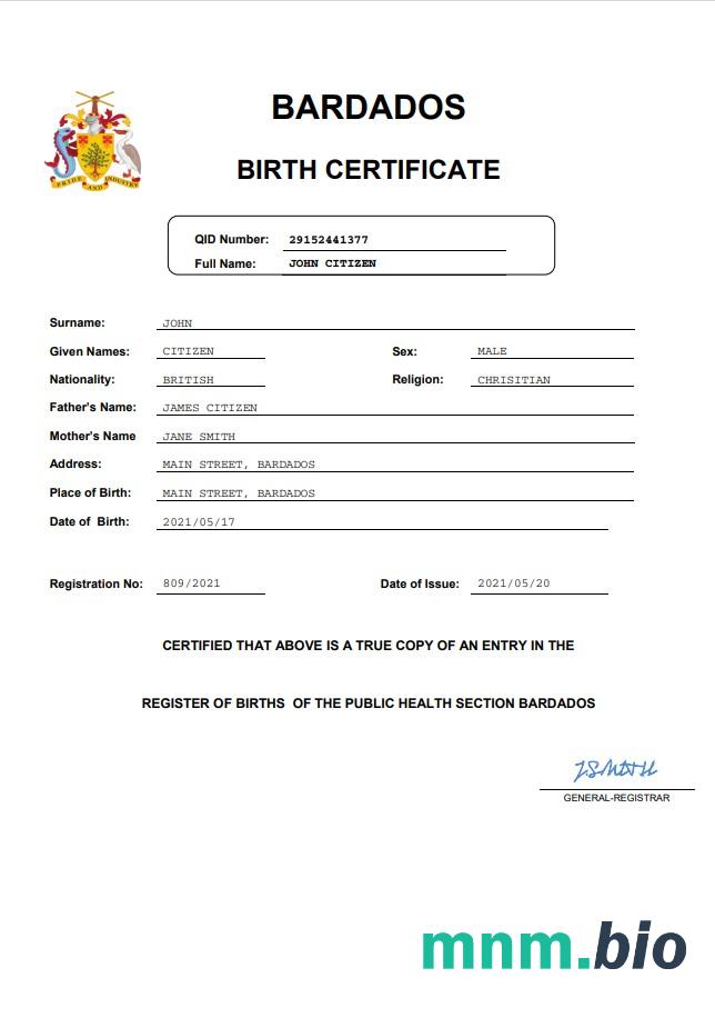 Barbados narodziny certyfikat szablon in Word i PDF